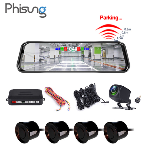 Phisung-cámara DVR para espejo retrovisor de coche, sistema de Sensor de aparcamiento, visión nocturna, Registrador de vídeo, FHD1080P, 9,66 