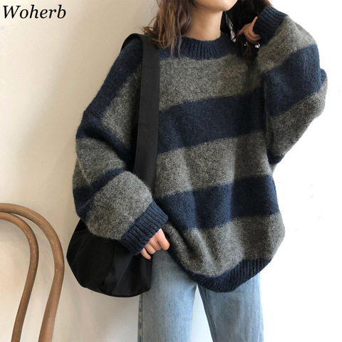 Woherb-suéter de gran tamaño para Mujer, Jersey holgado Vintage a rayas, ropa de calle de punto para otoño, 2022 ► Foto 1/5