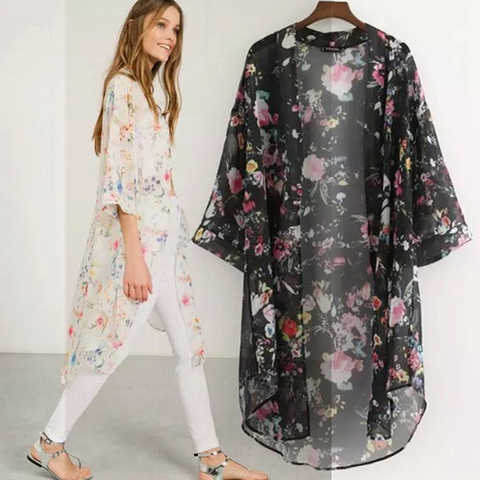 Cárdigan Kimono Vintage informal para mujer, blusa larga de Chifón con estampado de flores, croché, color negro, para verano, 2022 ► Foto 1/6