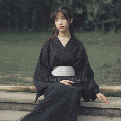 Ropa de samurái tradicional japonesa para mujer, Kimono negro, albornoz de Spa para Sauna Yuakata con cinturón, bata holgada de talla grande ► Foto 1/6