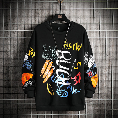 Sudadera de cuello torcido para hombre, ropa informal japonesa de gran tamaño con grafiti, HIPHOP, Sudadera con capucha para hombres, color negro, 2022 ► Foto 1/5