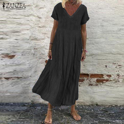 ZANZEA-Vestido largo Vintage de manga corta para verano, traje liso con escote en V para mujer, para fiesta y playa ► Foto 1/6