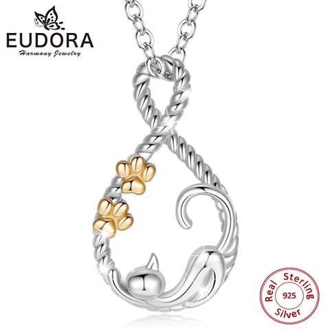 EUDORA-Collar de plata de ley con colgante de gato durmiendo, collar dorado de gato con dije de huellas, joyas de mascotas de animales para mujer y niña con caja D187 ► Foto 1/6