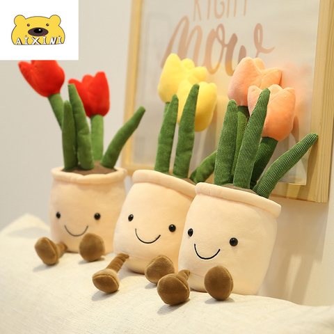 Simulación de tulipán de flores, plantas de tulipán realistas, juguetes de peluche, decoración de estantería suave, muñeca, cojín con flores en maceta, regalo para niñas ► Foto 1/6