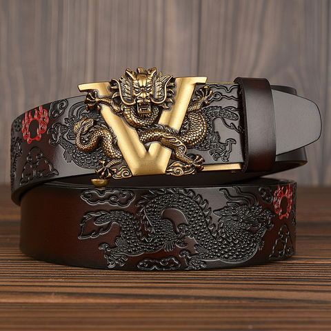 Cinturón de piel auténtica con diseño de dragón de China para hombre, cinturón con hebilla automática, para Vaqueros ► Foto 1/6