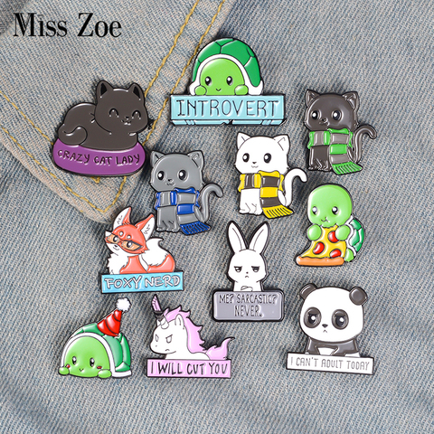 Pins de esmalte de animales de dibujos animados, broches personalizados de Panda, gato, Tortuga, zorro, conejo, para bolsa, insignias de solapa para ropa, joyería con tema de zoológico divertido ► Foto 1/6