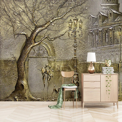 Papel tapiz Mural personalizado estilo europeo 3D, árbol dorado, figura de calle, Fresco, sala de estar, dormitorio, decoración de lujo ► Foto 1/6