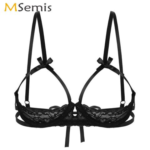 Sujetador de encaje con copas abiertas para mujer, Bralette transparente, lencería Sexy con tirantes finos ajustables, corpiño con aros y pecho descubierto ► Foto 1/1