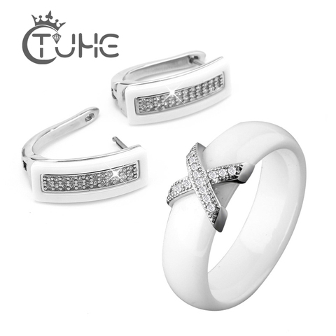 2017 Descuento Grande Negro Blanco Conjunto de Joyas de Acero Inoxidable Para mujeres AAA Bling Del Zircon Cúbico Anillo Y Del Pendiente de Cumpleaños regalo ► Foto 1/6