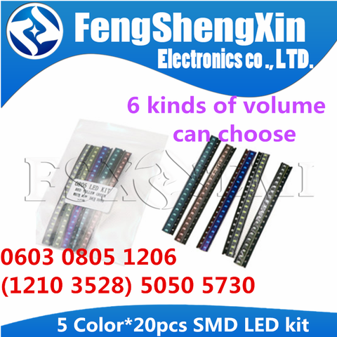 Kit SMD de diodos LED, 5 colores x20 Uds = 100 Uds., 0402, 5050, 5730, 1210, 1206, 3528, 0805, 0603, verde/rojo/Blanco/azul/amarillo ► Foto 1/6