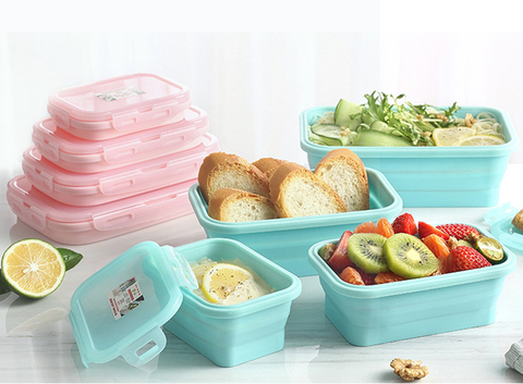 1-4 Uds caja de almuerzo de silicona plegable caja portátil Bol Bento cajas recipiente de comida plegable 350/500/800/1200ml respetuoso con el medio ambiente ► Foto 1/6