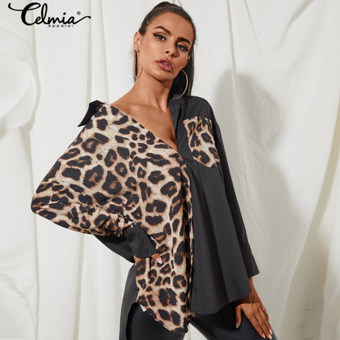 Celmia-Blusa informal holgada de manga larga para Primavera, camisa Sexy con estampado de leopardo para mujer, corte asimétrico, de talla grande, 7, 2022 ► Foto 1/6