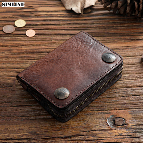 SIMLINE-cartera Vintage de cuero genuino para hombre, billetera plegable corta hecha a mano de lujo con cremallera, cartera para tarjetas y monedas ► Foto 1/6