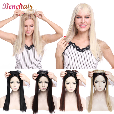 BENEHAIR Topper Peluca de pelo con flequillo Clip en extensiones de cabello largo y recto Clip en tupé pelo falso peluca sintética para mujeres ► Foto 1/1