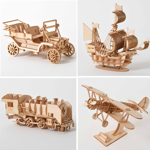 Rompecabezas de madera 3D para niños y adultos, juguete mecánico hecho a mano, juego de ensamblaje, barcos, tren, avión ► Foto 1/6