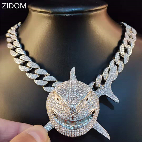 Collar con colgante de tiburón de gran tamaño para hombre, joyería ostentosa de Hip Hop con cristal con diamantes, cadena cubana Miami, joyería de moda ► Foto 1/6