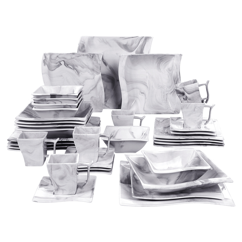 MALACASA FLORA-Juego de cena de porcelana gris mármol de 36 piezas, 6 platos de cena, postre y sopa, tazas y platillos, juego de vajilla de cuencos ► Foto 1/6