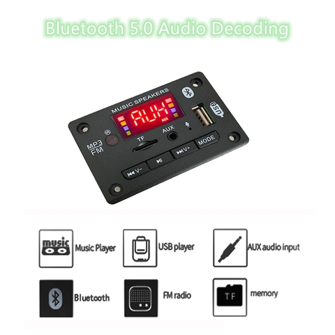 Reproductor MP3 para coche, decodificador con placa manos libres, 5V, 12V, Bluetooth 5,0, módulo de Radio FM, compatibilidad con FM, TF, USB, AUX, grabadoras ► Foto 1/6