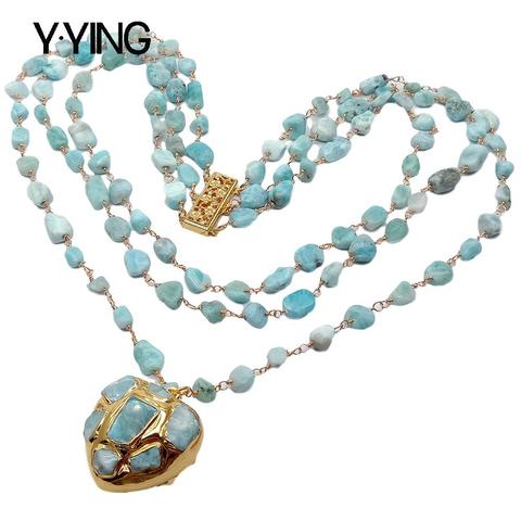 Y · YING-collar de cadena de Rosario de Larimar azul Natural de 3 hebras, colgante de Larimar en forma de corazón, collar llamativo para mujer de 18'' ► Foto 1/6