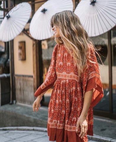 Happie Queens-Vestido corto bohemio con manga de murciélago para verano, minivestido con estampado floral para mujer, cuello redondo ► Foto 1/6