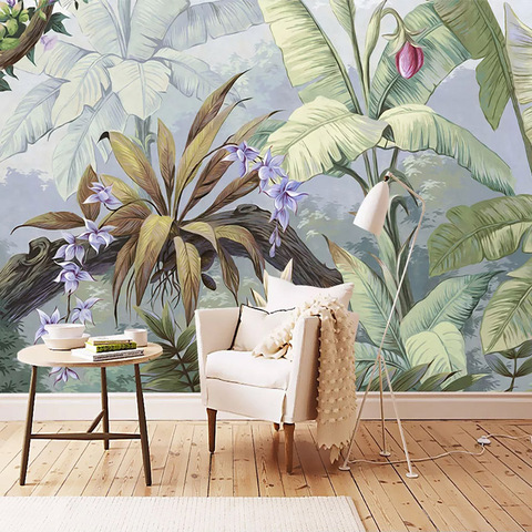 Papel tapiz personalizado De selva Tropical, pintura De pared artística pintada a mano De hoja De plátano, Mural para sala De estar y dormitorio, Papel De pared 3D ► Foto 1/5