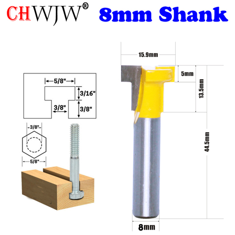 CHWJW-vástago de 8mm, broca de enrutador de ranura en T, de perno hexagonal 3/8 