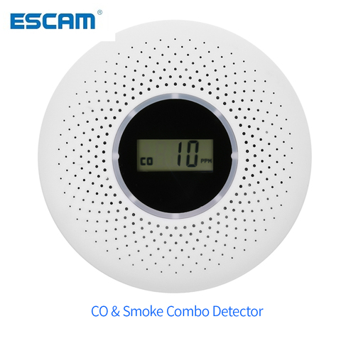 ESCAM 2 en 1 pantalla LCD de monóxido de carbono y de humo Detector de Combo de la batería operado de alarma de CO con LED luz intermitente de sonido de advertencia ► Foto 1/6