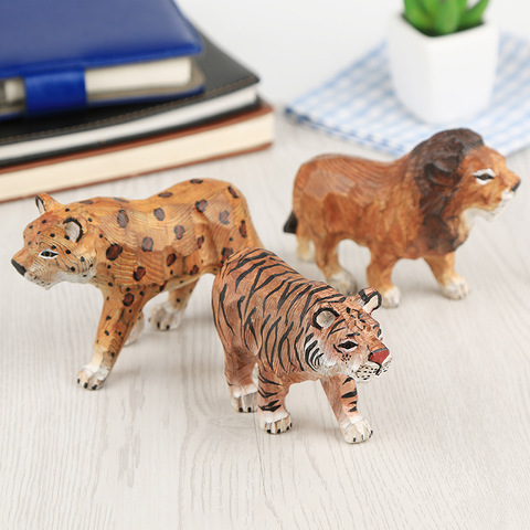 Figura de Tigre/León/leopardo/cebra/jirafa de zoológico pintada a mano, estatua tallada de animales de madera maciza, regalo creativo para decoración de jardín de hadas para niños ► Foto 1/1