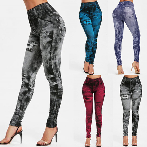 2022 mujeres gimnasio Leggings Faux mallas de tejido vaquero bolsillo impresión polainas Casual lápiz de cintura alta, Pantalones ► Foto 1/6