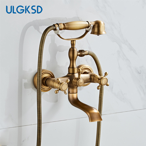 ULGKSD-grifo de ducha de bañera de latón dorado/antiguo/bronce, montaje en pared, doble manija, mezclador para ducha de bañera ► Foto 1/6