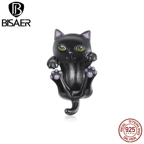 BISAER-Cuentas de gatos de dibujos animados para mujer, de Plata de Ley 925 negra, dijes de animales compatibles con pulseras de plata 925, joyería fina Original EFC404 ► Foto 1/6