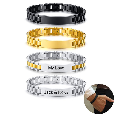 Pulseras personalizadas con placa de nombre para hombre y mujer, cadena de oro de acero inoxidable, brazalete con nombre de identificación para pareja, logotipo personalizado/médico ► Foto 1/6