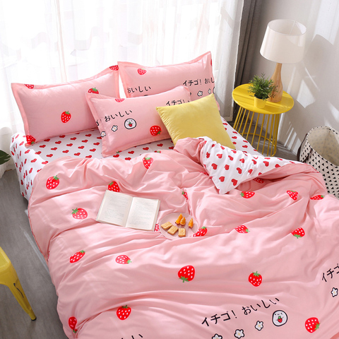 Juego de ropa de cama de 3/4 Uds., de lujo de juego de cama tamaño Queen, juegos de sábanas, funda de edredón, color rosa fresa ► Foto 1/5