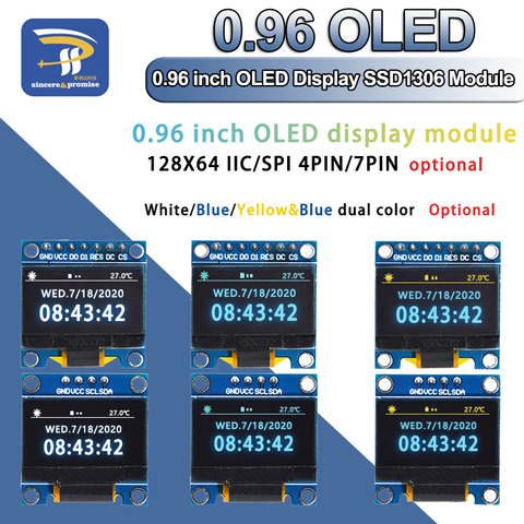 4pin 7pin color blanco y azul 0,96 pulgadas 128X64 amarillo azul pantalla OLED módulo para Arduino 0,96 