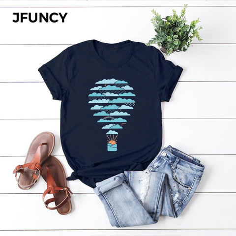 JFUNCY Weather-Camiseta con impresión de globo de aire caliente para mujer, camiseta de talla grande de algodón para mujer, camiseta de manga corta de verano, camiseta informal ► Foto 1/6