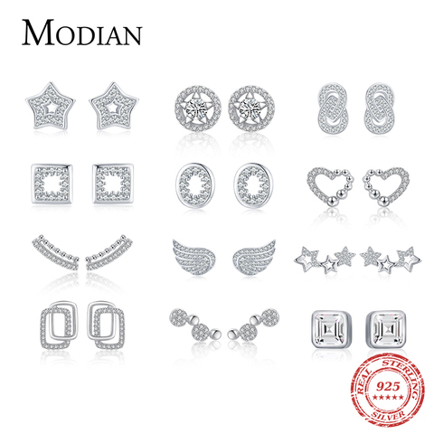 Modian-pendientes de plata de ley 925 auténtica con forma de corazón y estrellas para mujer, joyería fina con cierre de tuerca, para boda ► Foto 1/6