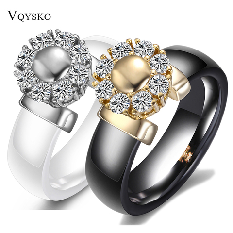 Anillos de cerámica blancos y negros para mujer, sortijas de compromiso de acero inoxidable de circón cúbico, joyería de cerámica de amor elegante ► Foto 1/6