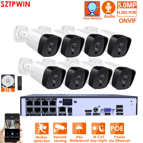 Kit de cámaras de seguridad POE H.265 + 8 canales, 5MP, grabador de Audio Rj45, cámara IP de 5MP, KIT de videovigilancia NVR impermeable para exteriores ► Foto 1/6