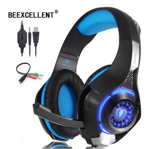 Beexcellent-auriculares estéreo con cable de 3,5mm para videojuegos, cascos con graves profundos y micrófono, cancelación de ruido con luz LED ► Foto 1/1