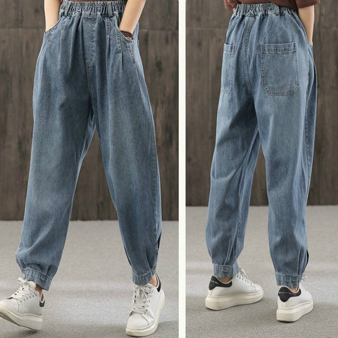 Retro holgado Jeans de tobillo para las mujeres bandas pantalones de mezclilla de las mujeres otoño plisado Casual cintura alta pierna recta pantalones vaqueros de mujer ► Foto 1/6