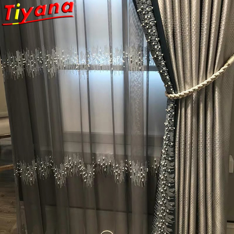 Lujo francés bordado lentejuelas tul cortinas para sala de estar lentejuelas y perlas cortina de hilo para dormitorio personalizado X-M232 # CR ► Foto 1/6