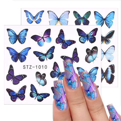 Pegatina de transferencia al agua para decoración de uñas, calcomanías deslizantes de mariposas en 3D, color azul, para el Día de San Valentín, tatuaje de decoración de uñas, manicura ► Foto 1/6