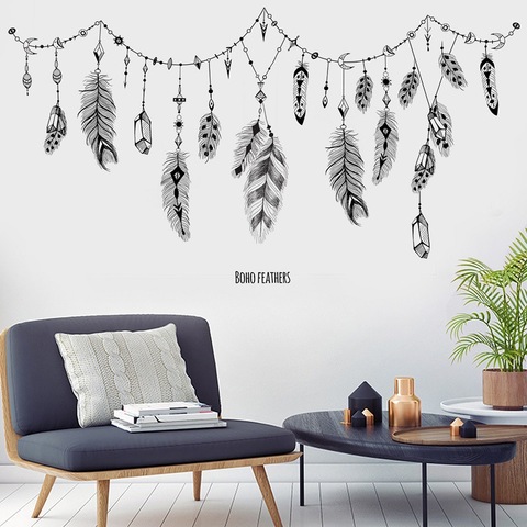 Pegatinas de pared de plumas bohemias negras para dormitorio, sala de estar, baño, bar, cocina, decoración de pared, PEGATINAS ARTE extraíbles, mural diy ► Foto 1/6