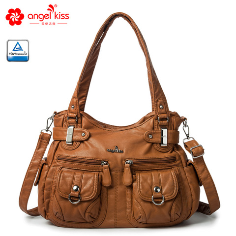 Angelkiss-Bolso de hombro de piel sintética lavada para mujer, bolsa de mano ecológica con asa superior, diseño de dos compartimentos ► Foto 1/6