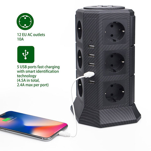 TESSAN-Torre de regleta con 12 tomas de corriente de la UE, 5 puertos USB con cable de extensión de 2M/6,5 pies, protector de sobrecarga para interruptor ► Foto 1/6