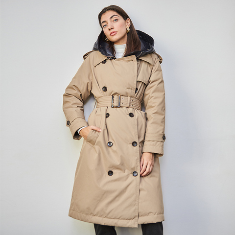 Gabardina de plumón británico con capucha para Mujer, chaqueta de plumón de pato blanco, chaquetas largas y gruesas, Parka con plumas acolchadas, Invierno ► Foto 1/6