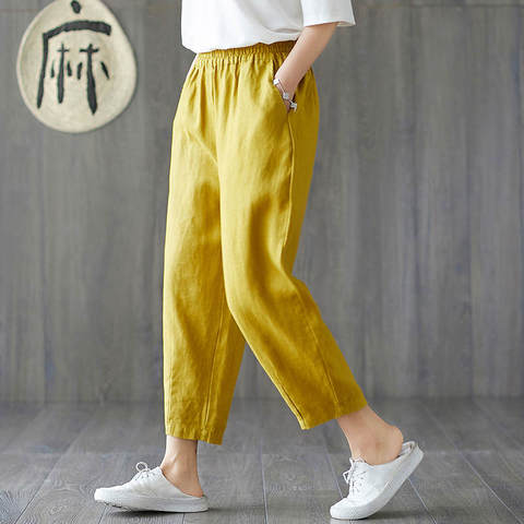 Pantalones harén informales de lino y algodón para mujer, pantalón de chándal holgado de talla grande 3XL y 4XL, con cintura elástica, para primavera y verano, C6175 ► Foto 1/5