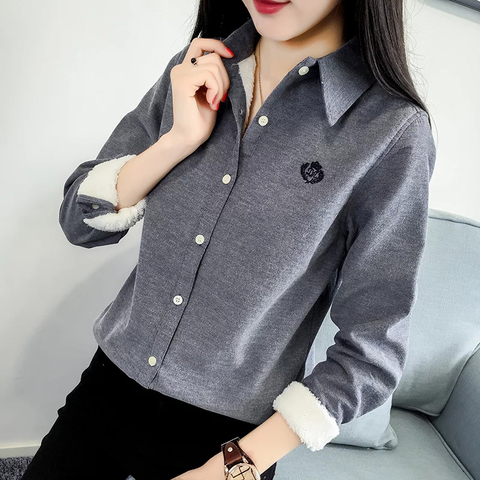 Mujeres muy gruesas estilo invierno Blusas camisas dama Casual manga larga Turn-down Collar terciopelo Blusas Tops DF3161 ► Foto 1/6