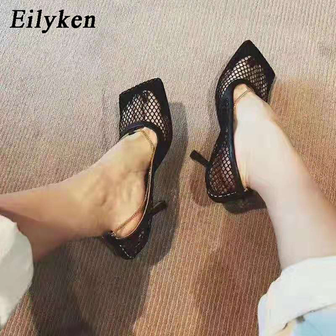 Eilyken verano otoño Sexy malla bombas Sandalias Mujer cuadrado del dedo del pie de tacón alto cadena Stiletto fiesta calado zapato de tacón vestir 7CM ► Foto 1/6