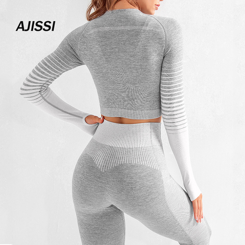 Conjunto de Yoga sin costuras para mujer, ropa deportiva de entrenamiento, ropa de gimnasio, Top corto de manga larga para Fitness, Leggings de cintura alta, trajes deportivos ► Foto 1/6